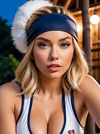A sultry blonde volleyball player in whites lounges topless on a dimly lit treehouse deck at dawn