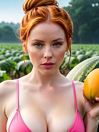 A 42 year old woman with ginger hair stands amidst the vibrant melons on a sun kissed farm