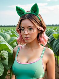 A stunning 29 year old woman with blonde streaks gazes wide eyed at the melons